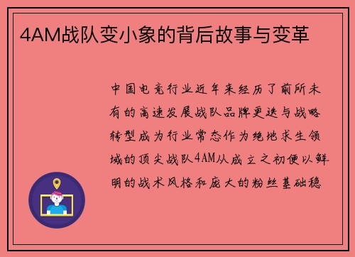 4AM战队变小象的背后故事与变革